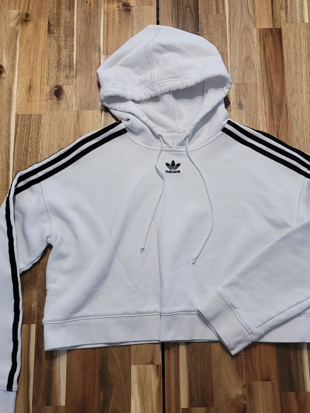 adidas White Cropped Hoodie with Black Side S. Shoulder Stripes